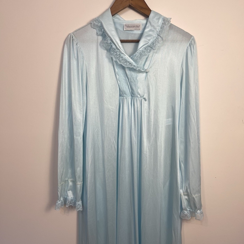 Vassarette Long Women's Gown Blue Made USA Lace Grannycore Cottage Medium